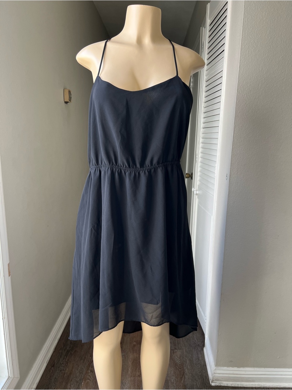 Black Spaghetti-Strap Mini Dress with Elastic Waist
